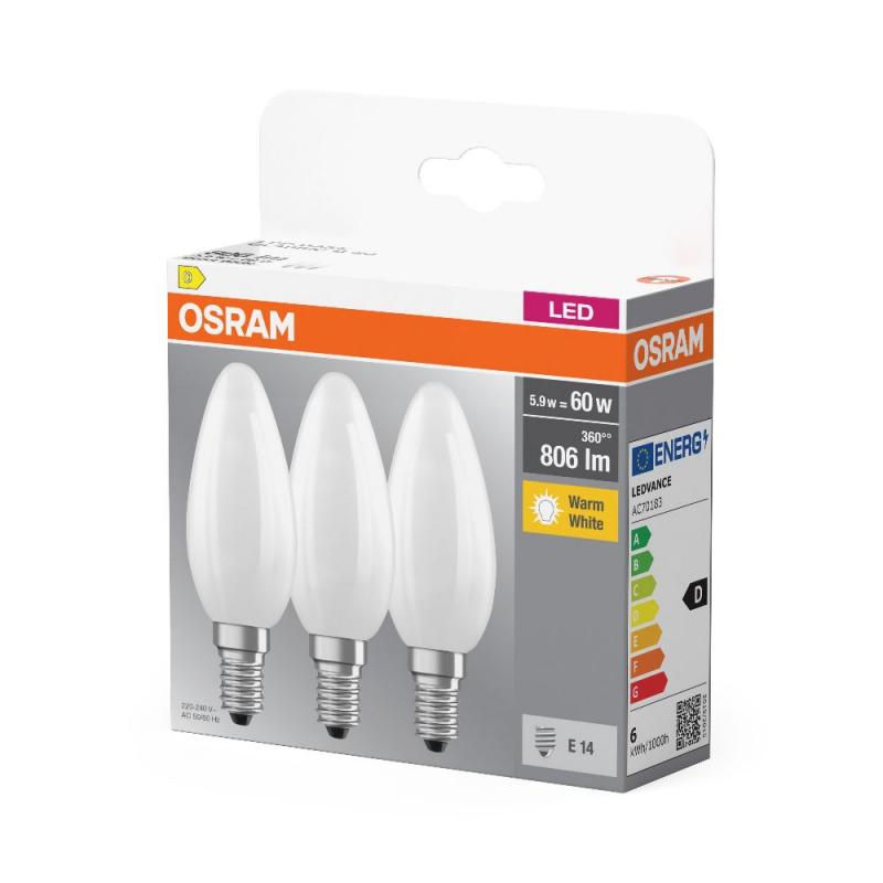 3er OSRAM E14 LED Base Classic B 60  Kerze matt 5,9W wie 60W warmweiß für Kronleucher und schmale Leuchten